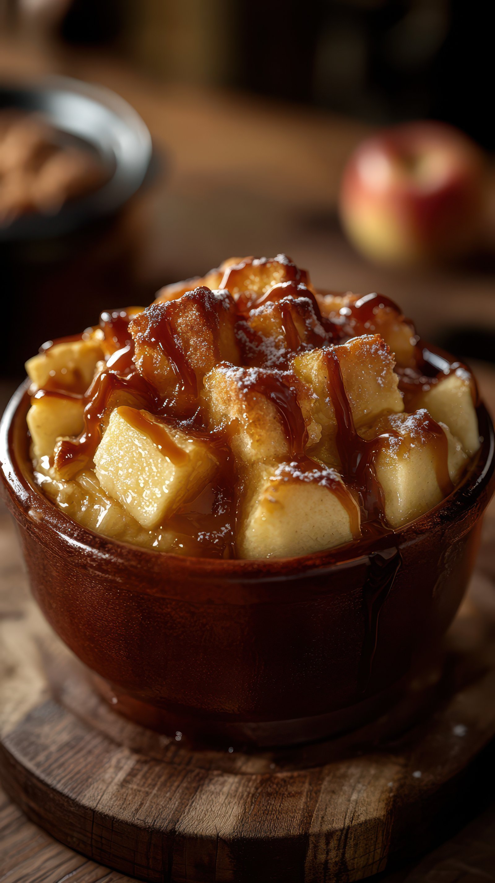 Delicious warm dessert featuring caramelized apples and soft bread pieces served in a rustic bowl